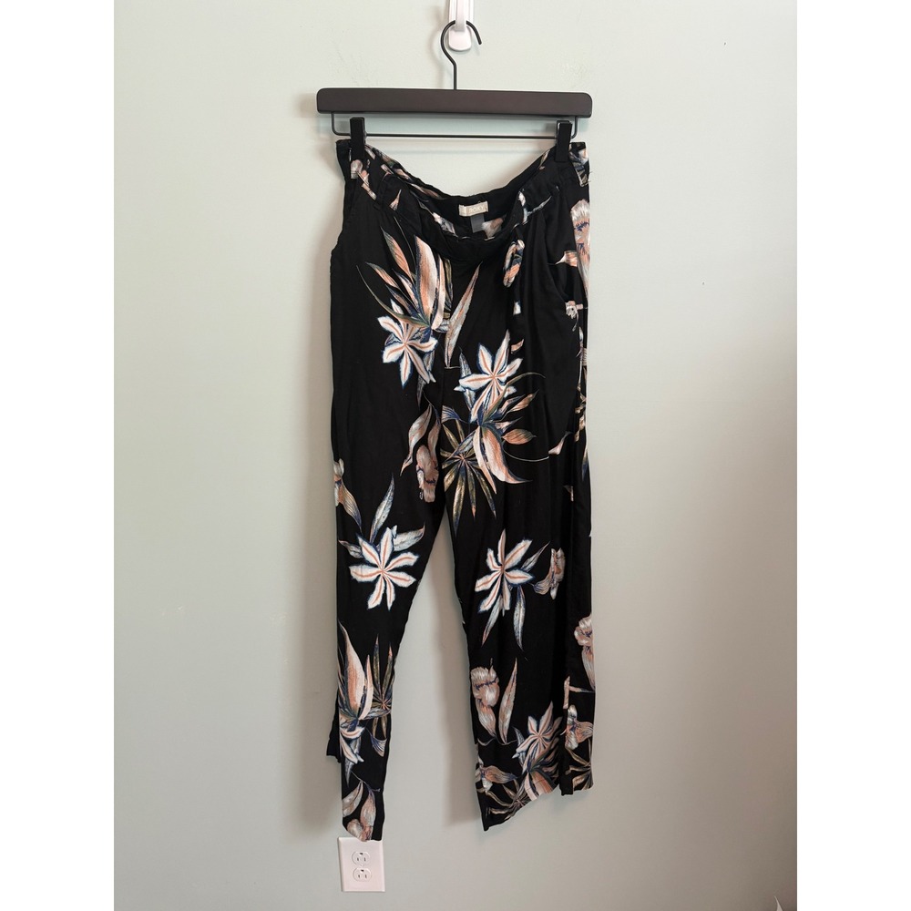 Roxy Tropical Floral Wide Leg Pants Black High Rise Tie Waist Beachy Summer